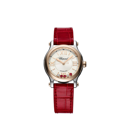 HAPPY SPORT 30 MM, AUTOMATIC, ETHICAL ROSE GOLD, LUCENT STEEL™, DIAMONDS, RUBIES 278573-6026