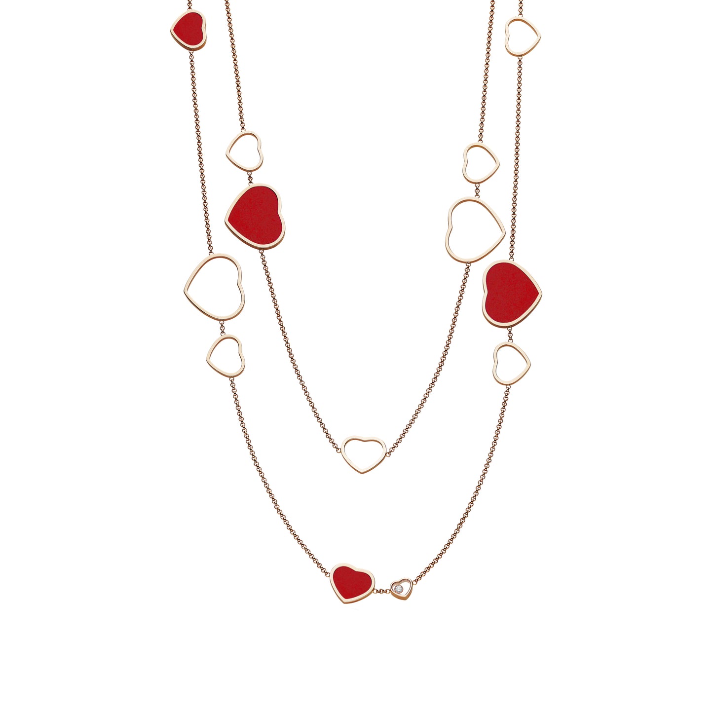 HAPPY HEARTS SAUTOIR NECKLACE, ETHICAL ROSE GOLD, DIAMONDS, RED STONE 817482-5801