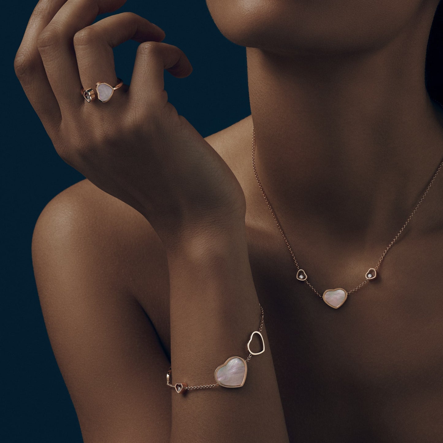 HAPPY HEARTS NECKLACE, ETHICAL ROSE GOLD, DIAMONDS, MOTHER-OF-PEARL 81A082-5301