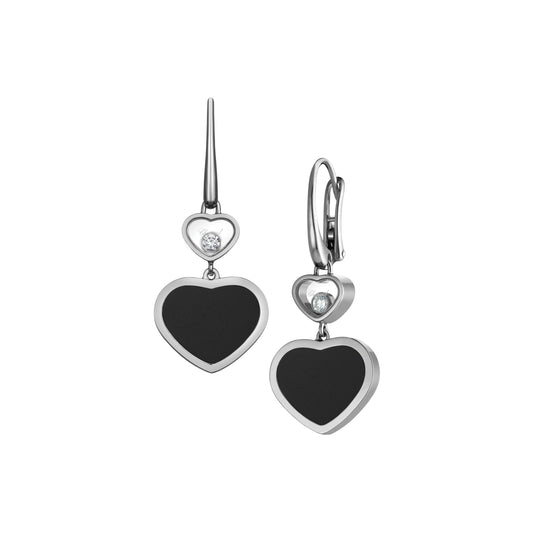 HAPPY HEARTS EARRINGS, ETHICAL WHITE GOLD, DIAMONDS, ONYX 837482-1210