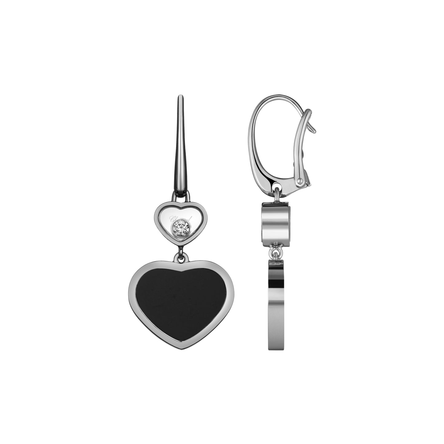 HAPPY HEARTS EARRINGS, ETHICAL WHITE GOLD, DIAMONDS, ONYX 837482-1210