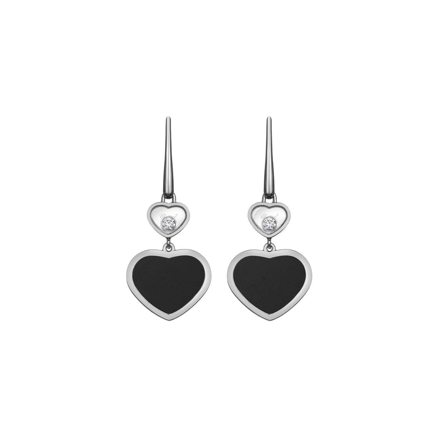 HAPPY HEARTS EARRINGS, ETHICAL WHITE GOLD, DIAMONDS, ONYX 837482-1210