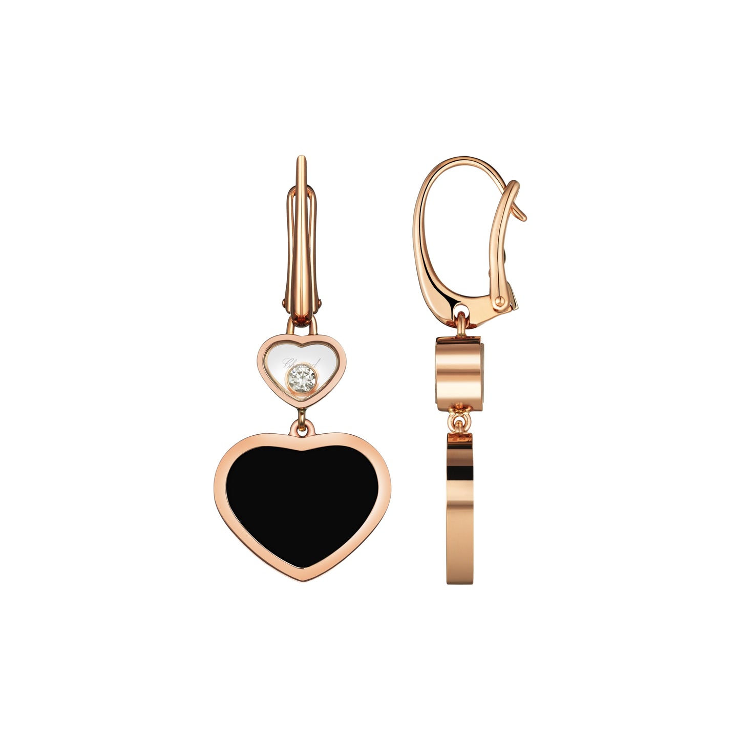 HAPPY HEARTS EARRINGS, ETHICAL ROSE GOLD, DIAMONDS, ONYX 837482-5210
