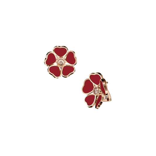 HAPPY HEARTS FLOWERS EARRINGS, ETHICAL ROSE GOLD, DIAMONDS, RED STONE 84A085-5811