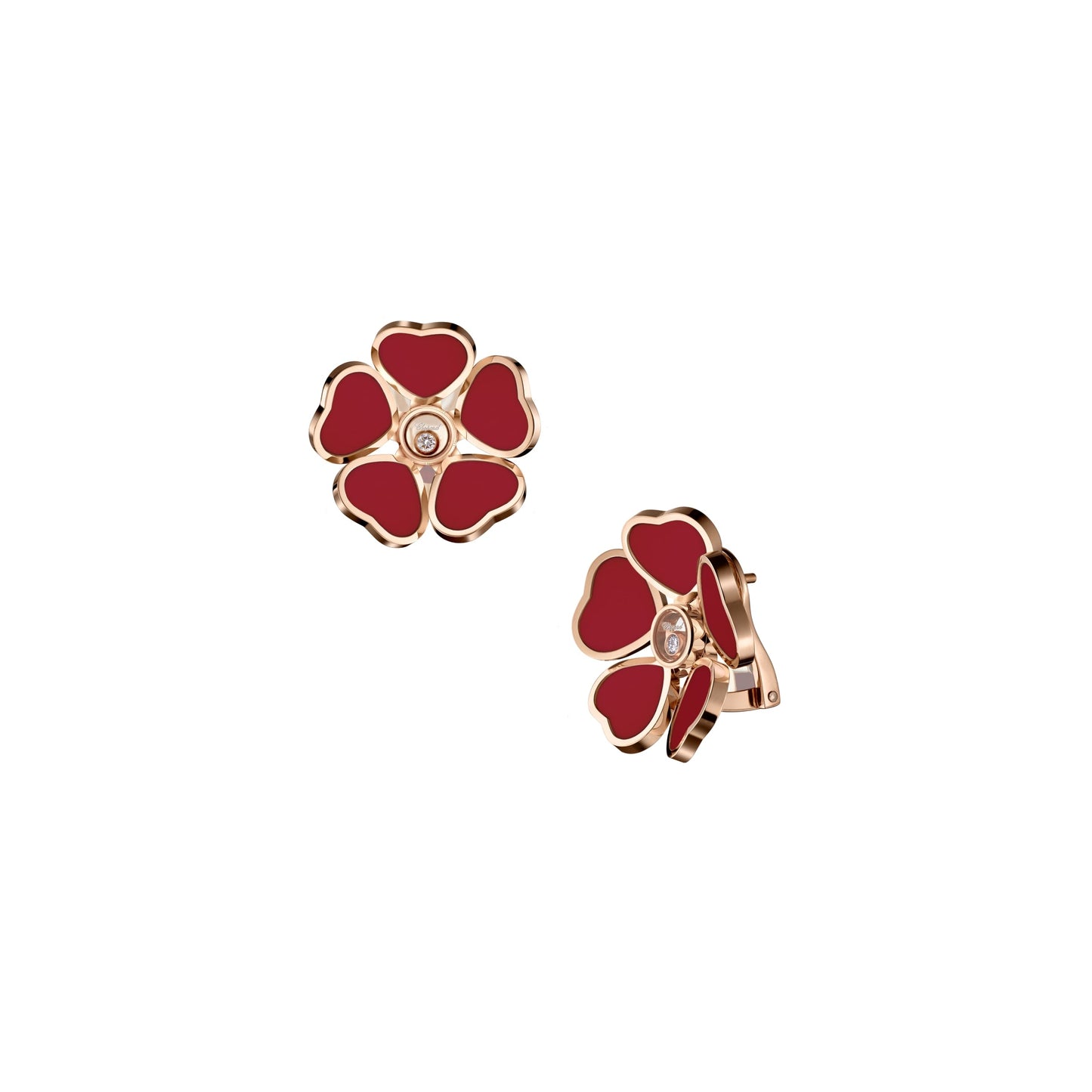 HAPPY HEARTS FLOWERS EARRINGS, ETHICAL ROSE GOLD, DIAMONDS, RED STONE 84A085-5811