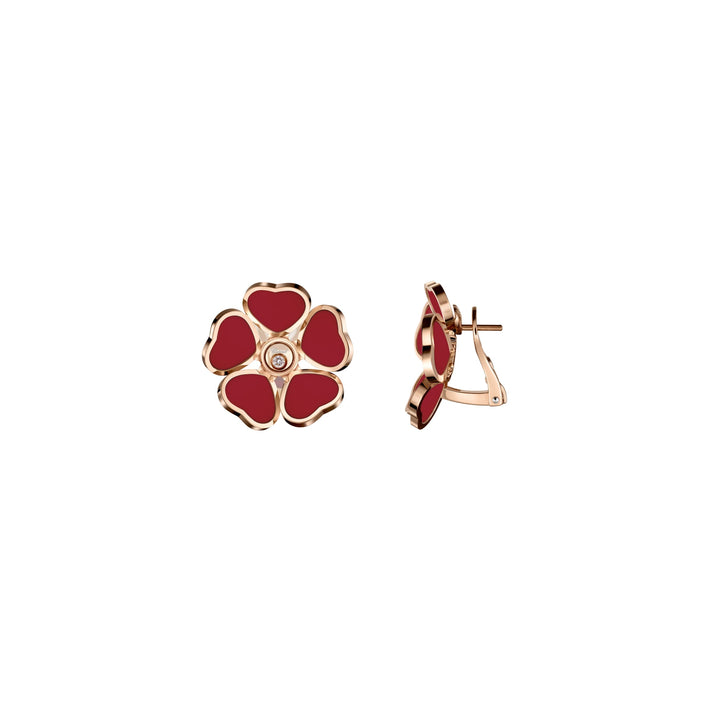 HAPPY HEARTS FLOWERS EARRINGS, ETHICAL ROSE GOLD, DIAMONDS, RED STONE 84A085-5811