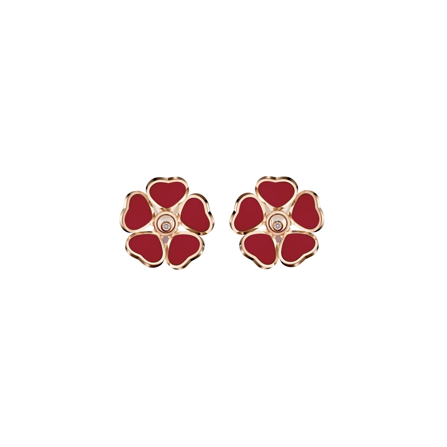 HAPPY HEARTS FLOWERS EARRINGS, ETHICAL ROSE GOLD, DIAMONDS, RED STONE 84A085-5811