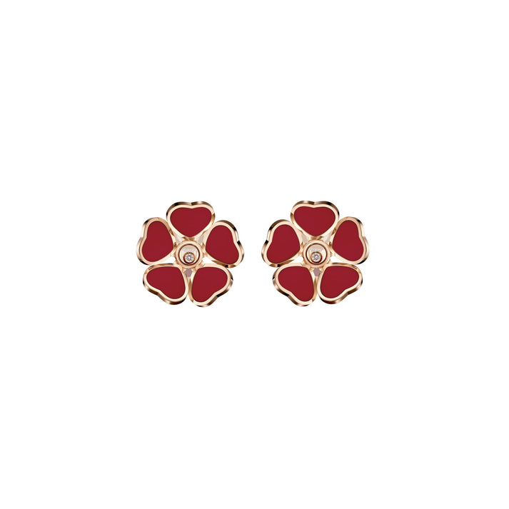 HAPPY HEARTS FLOWERS EARRINGS, ETHICAL ROSE GOLD, DIAMONDS, RED STONE 84A085-5811