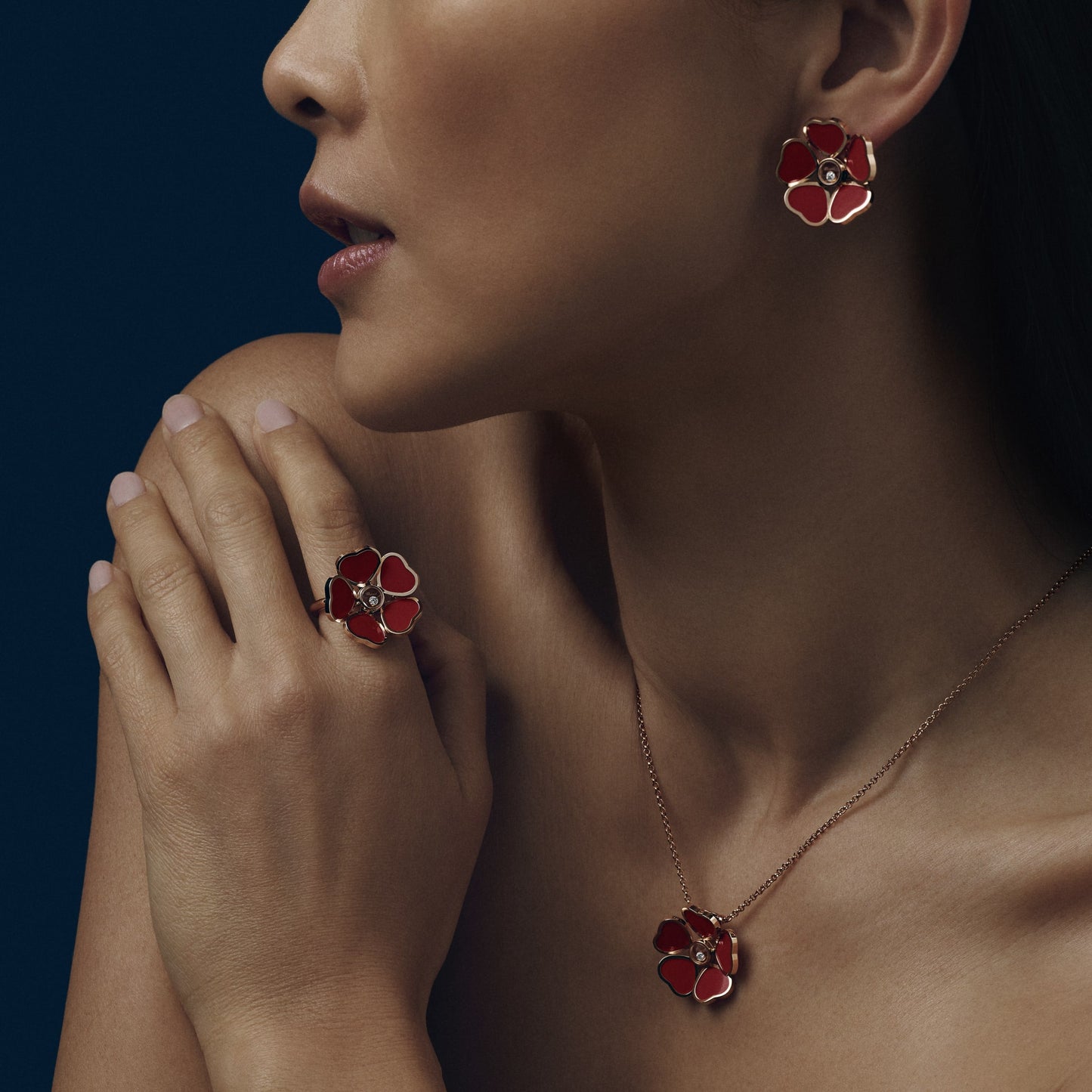 HAPPY HEARTS FLOWERS EARRINGS, ETHICAL ROSE GOLD, DIAMONDS, RED STONE 84A085-5811