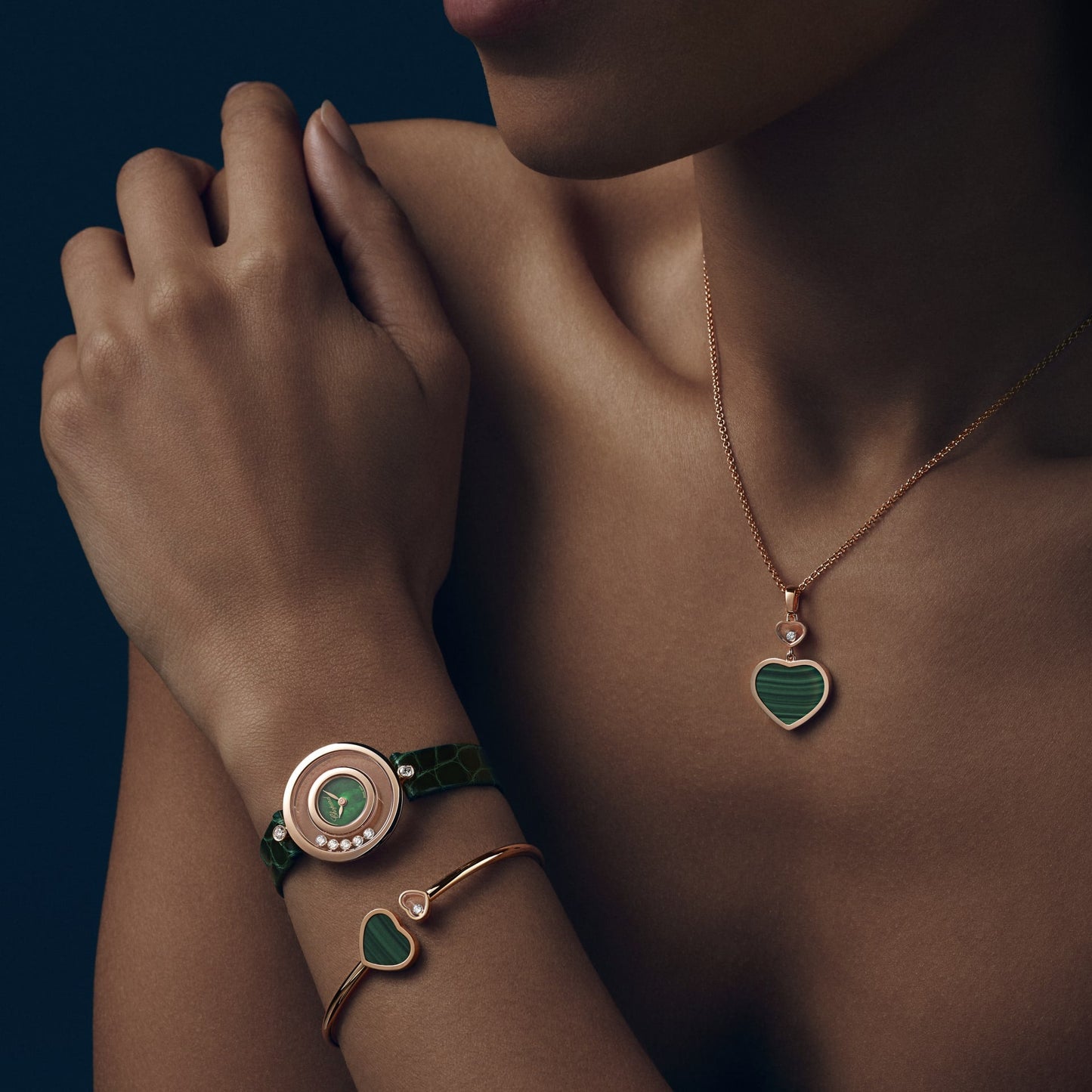 HAPPY HEARTS BANGLE, ETHICAL ROSE GOLD, DIAMOND, MALACHITE 857482-5110