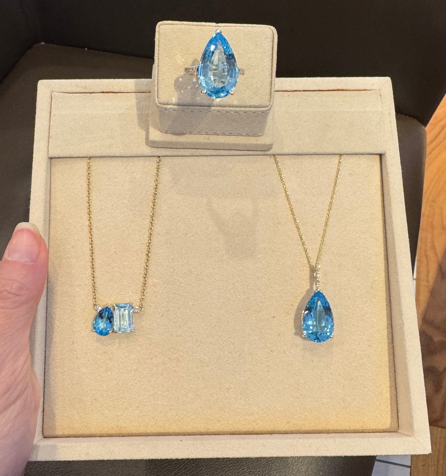 Blue Topaz Pear + Emerald Toi et Moi Necklace