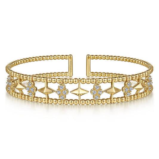 14K Yellow Gold Bujukan Diamond Cluster and Gold Pyramid Cuff Bangle BG4615-62Y45JJ