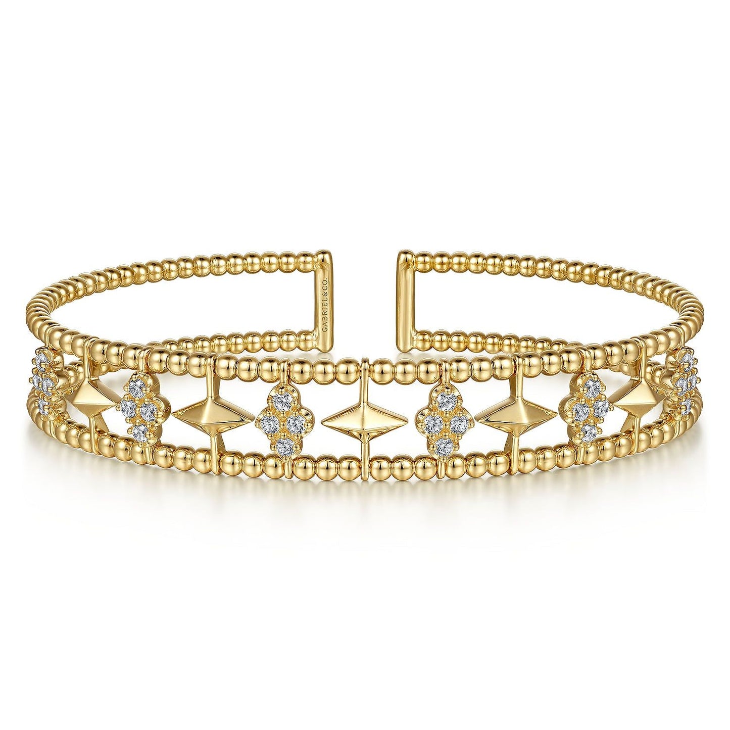 14K Yellow Gold Bujukan Diamond Cluster and Gold Pyramid Cuff Bangle BG4615-62Y45JJ