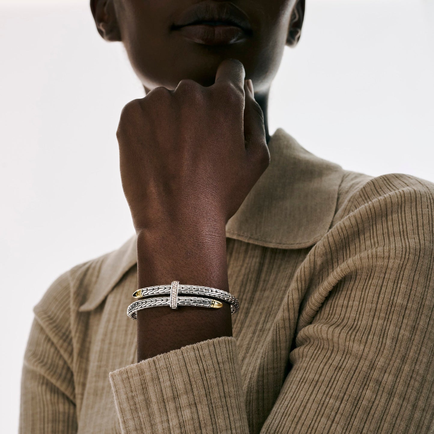 John Hardy Spear Flex Cuff, Silver, Gold, Diamonds CZZP90110722DI
