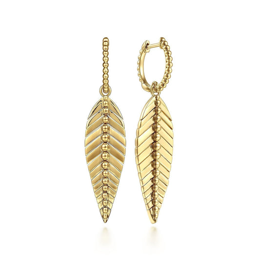 14K Yellow Plain Gold Huggie Drop Leaf Earrings EG14359Y4JJJ