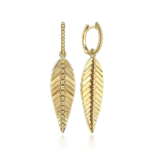 14K Yellow Plain Gold Huggie Drop Leaf Earrings EG14359Y4JJJ