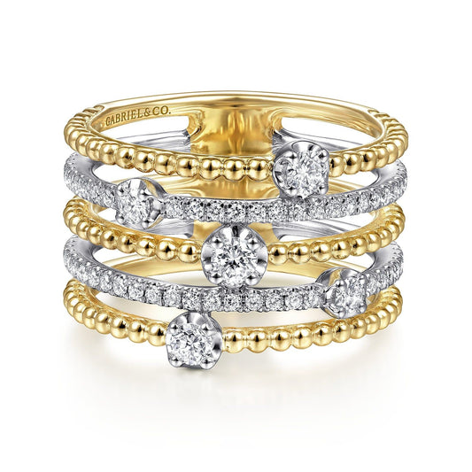 14K White-Yellow Gold Five Row Bujukan Ball and Diamond Station Ring LR51662M45JJ