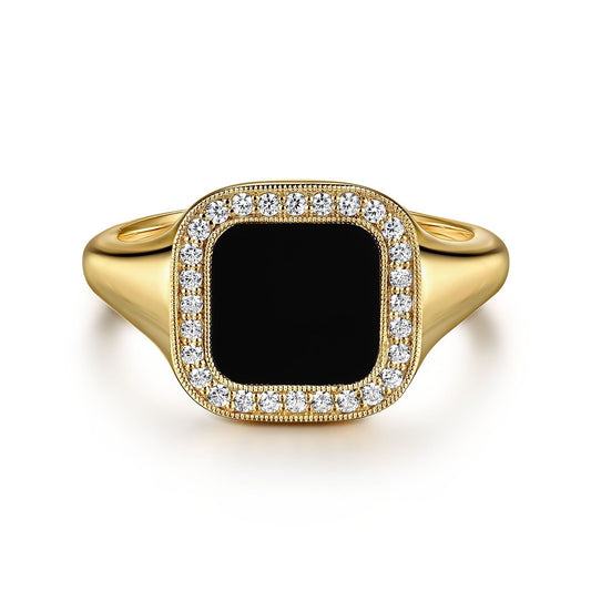 14K Yellow Gold Diamond and Onyx Mens Ring in High Polished Finish MR20130Y45OX - Dejaun Jewelers