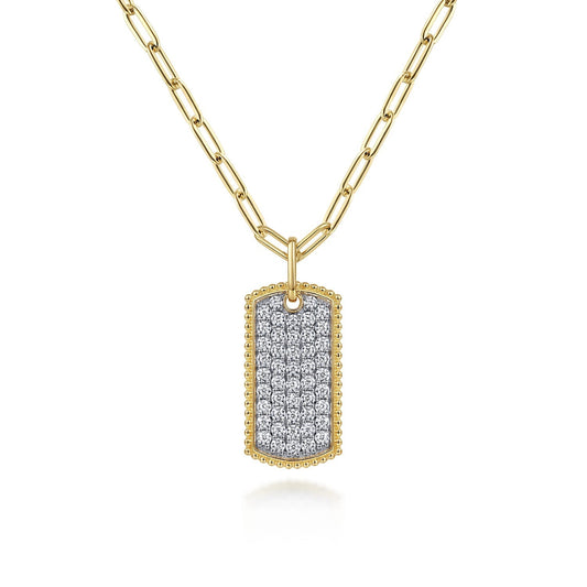14K Yellow Gold Diamond Pavé Dog Tag Pendant Hollow Chain Necklace NK6842-18Y45JJ - Dejaun Jewelers