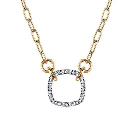 14K White & Yellow Gold Open Cushion Shape Diamond Hollow Paperclip Chain Necklace NK7732M45JJ