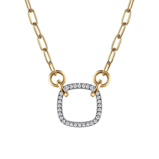 14K White & Yellow Gold Open Cushion Shape Diamond Hollow Paperclip Chain Necklace NK7732M45JJ