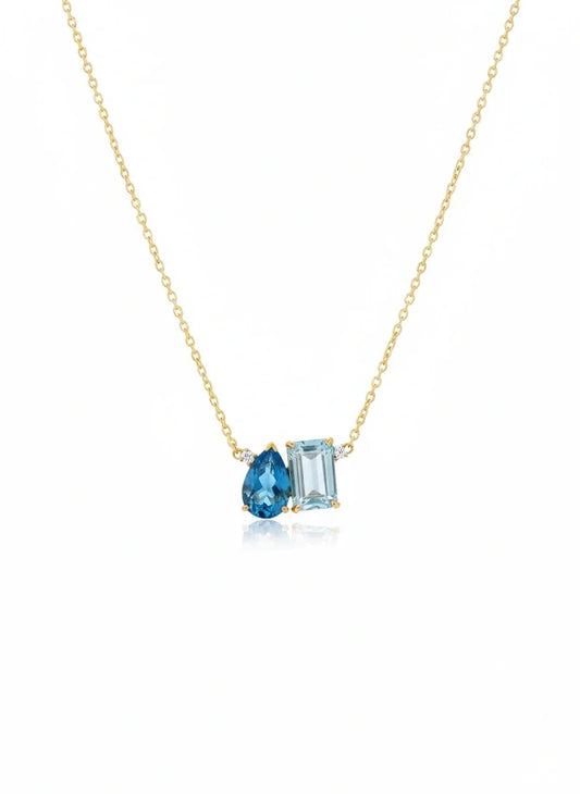 Blue Topaz Pear + Emerald Toi et Moi Necklace