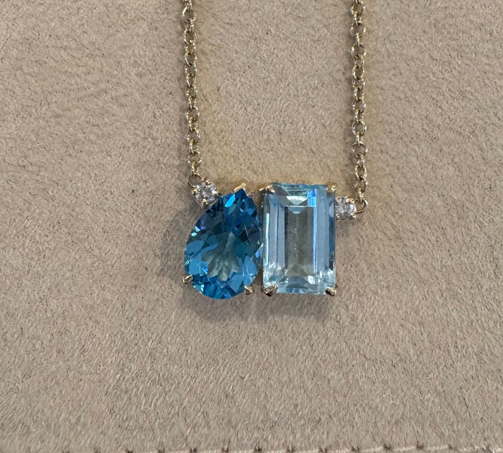 Blue Topaz Pear + Emerald Toi et Moi Necklace