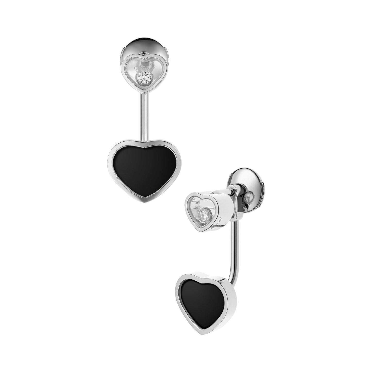 HAPPY HEARTS EARRINGS, ETHICAL WHITE GOLD, DIAMONDS, ONYX 83A082-1201