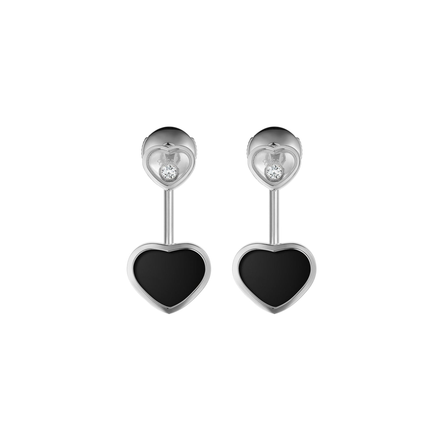 HAPPY HEARTS EARRINGS, ETHICAL WHITE GOLD, DIAMONDS, ONYX 83A082-1201