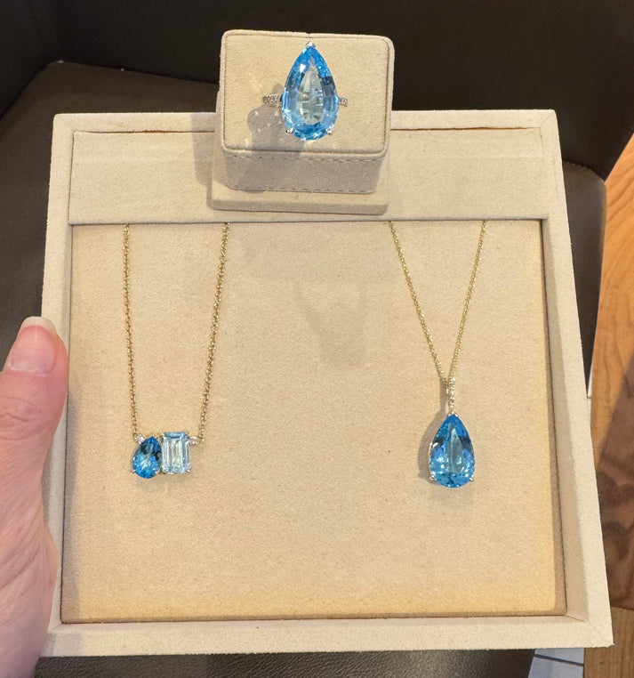 Blue Topaz Pear + Emerald Toi et Moi Necklace