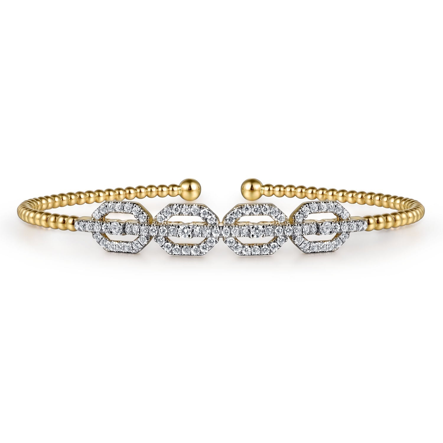 14K Yellow Gold Bujukan Bead Cuff Bracelet with Diamond Pave Links BG4229-6Y45JJ - Dejaun Jewelers