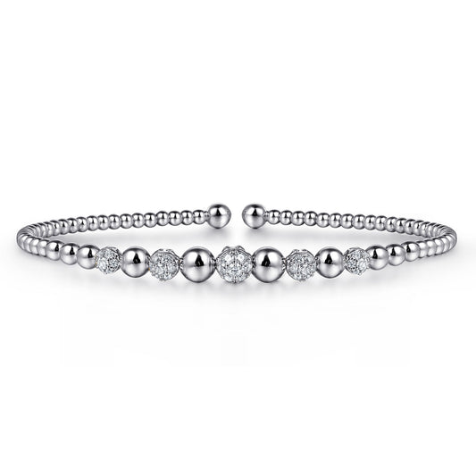 14K White Gold Bujukan Bead Cuff Bracelet with Pavé Diamond Stations BG4362-62W45JJ