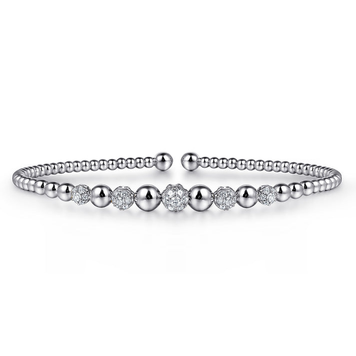 14K White Gold Bujukan Bead Cuff Bracelet with Pavé Diamond Stations BG4362-62W45JJ