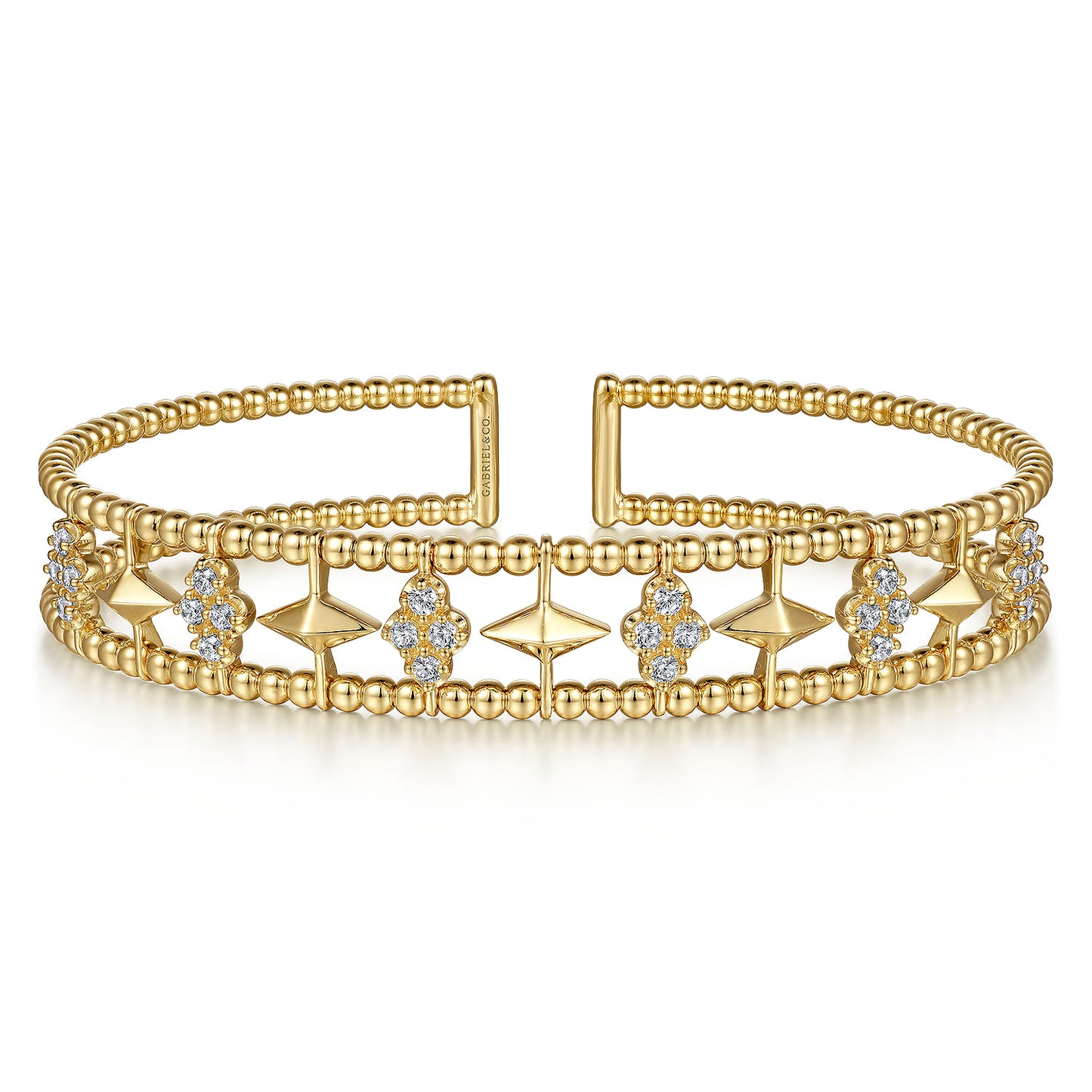 14K Yellow Gold Bujukan Diamond Cluster and Gold Pyramid Cuff Bangle  BG4615-62Y45JJ
