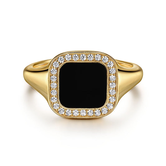 14K Yellow Gold Diamond and Onyx Mens Ring in High Polished Finish MR20130Y45OX
