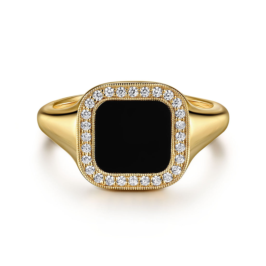 14K Yellow Gold Diamond and Onyx Mens Ring in High Polished Finish MR20130Y45OX