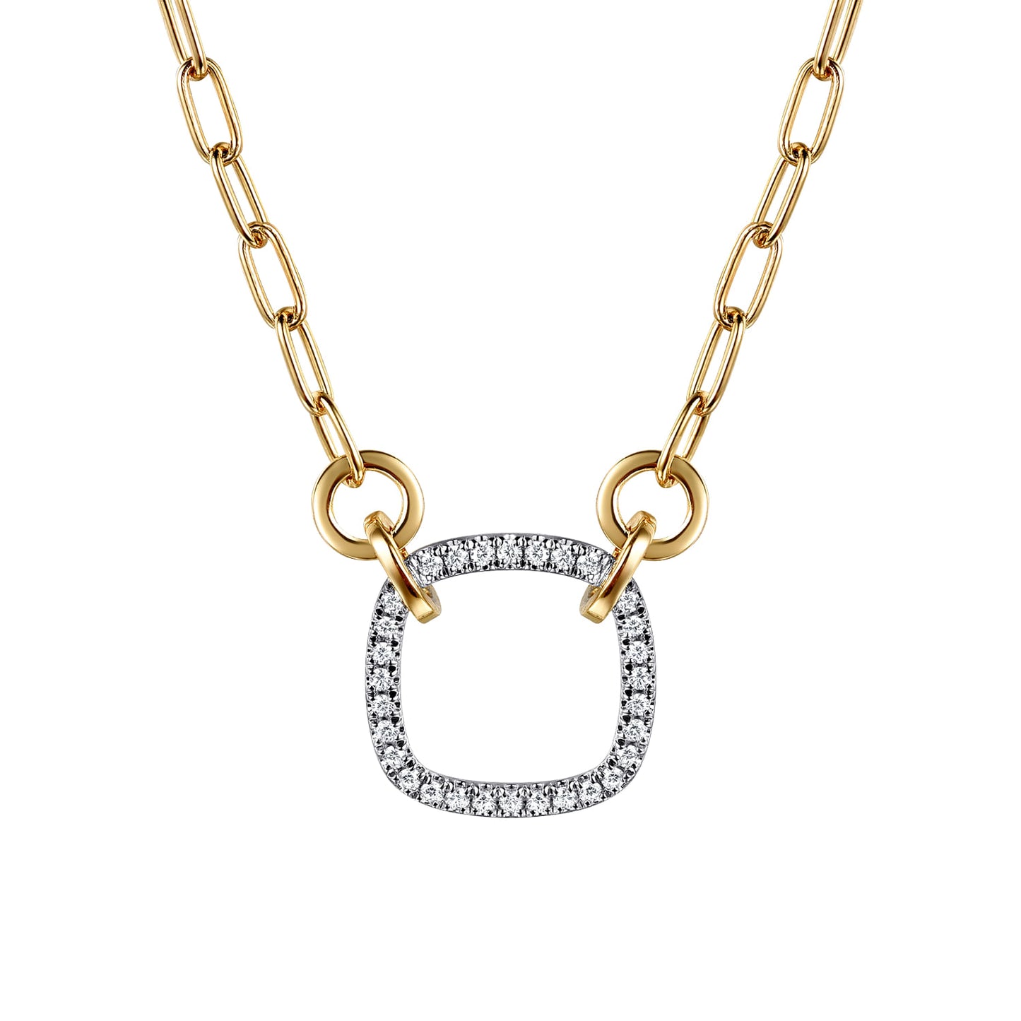 14K White & Yellow Gold Open Cushion Shape Diamond Hollow Paperclip Chain Necklace NK7732M45JJ