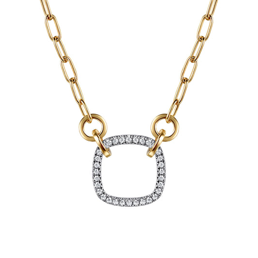 14K White & Yellow Gold Open Cushion Shape Diamond Hollow Paperclip Chain Necklace NK7732M45JJ