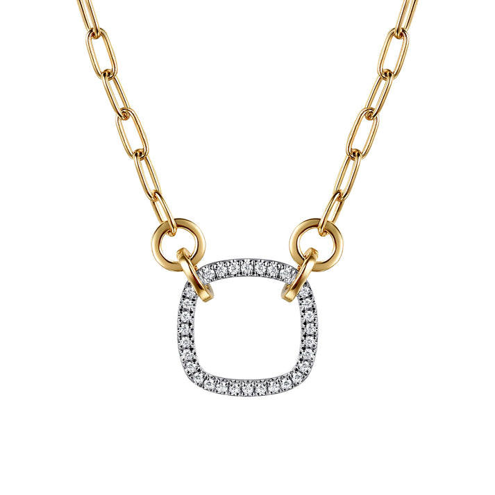 14K White & Yellow Gold Open Cushion Shape Diamond Hollow Paperclip Chain Necklace NK7732M45JJ