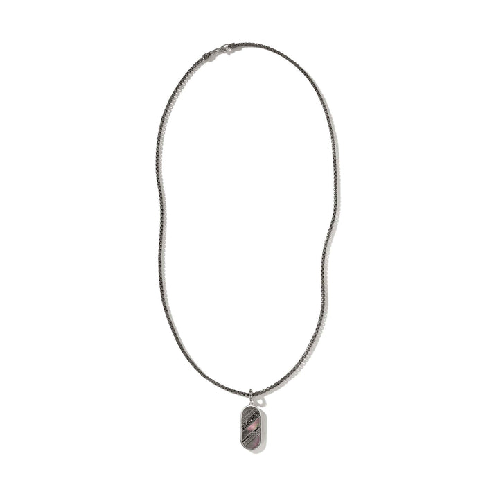 Carved Tag Necklace, Dark Silver, Gemstones|NMS9009824SMBRDBLS