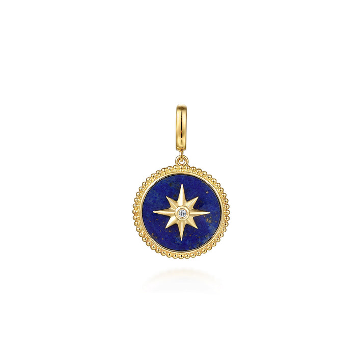 14K Yellow Gold Diamond and Lapis Bujukan Medallion Pendant in Size 18mm With Detachable Bail  PT6645Y45LP