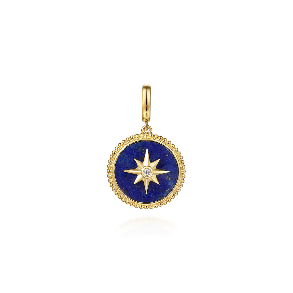 14K Yellow Gold Diamond and Lapis Bujukan Medallion Pendant in Size 18mm With Detachable Bail  PT6645Y45LP