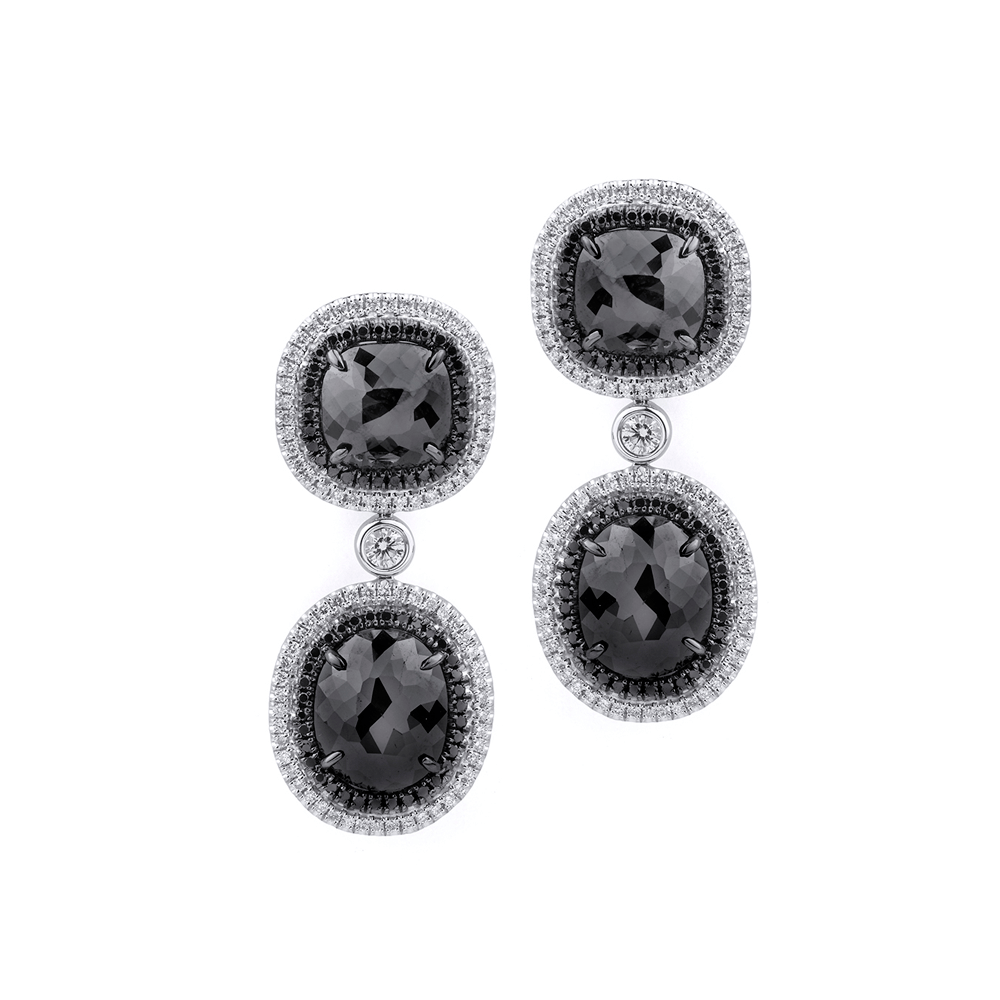 Double Drop Cushion Black Diamond Earrings