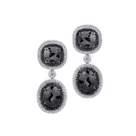 Double Drop Cushion Black Diamond Earrings