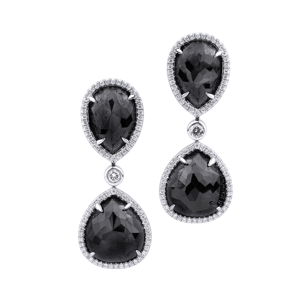 Large Double Drop Pear Black Diamond Earrings