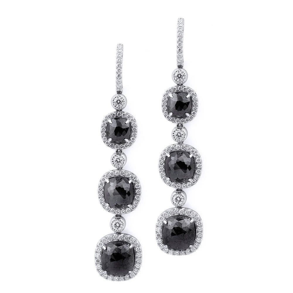 Triple Drop Cushion Black Diamond Earrings