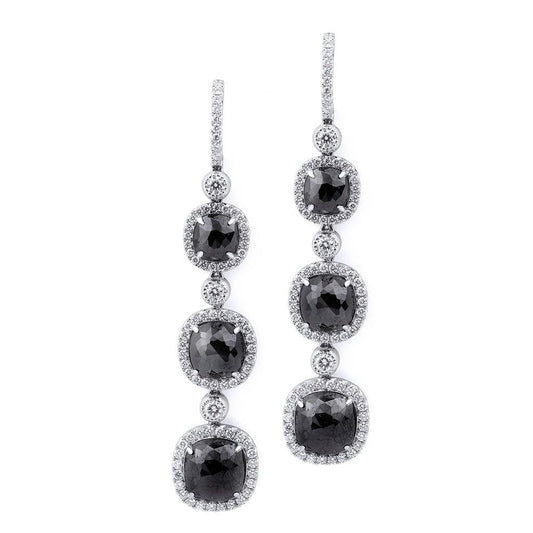 Triple Drop Cushion Black Diamond Earrings