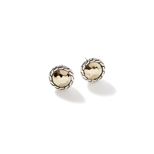 John Hardy Classic Chain Hammered Gold & Silver Round 12mm Stud Earrings BG