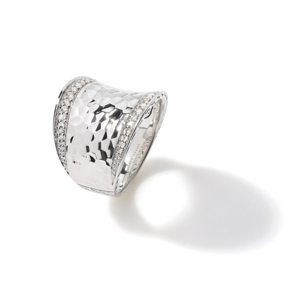 John Hardy Classic Chain Hammered Silver Diamond Pave (0.27ct) Small Saddle  Ring